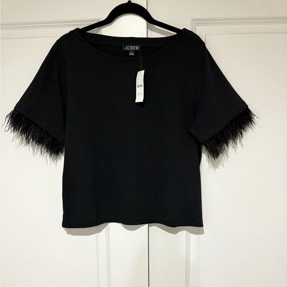 NWT J. Crew Black Mariner Jersey Cropped Boatneck T-Shirt  With Feather Cuff